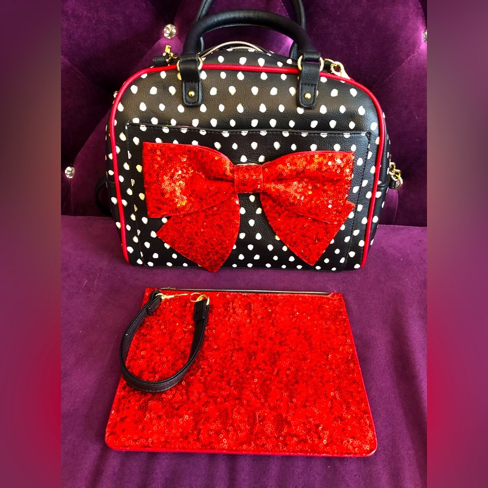 Betsey Johnson Purse, Black with White Polka Dots & Red Sequin Bow